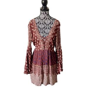 ANGIE Boho Lattice Front Bell Sleeve Romper Mix Geometric Tribal Print Festival